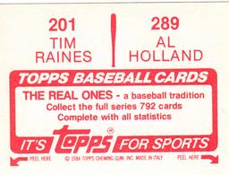 1984 Topps Stickers #201 / 289 Al Holland / Tim Raines Back
