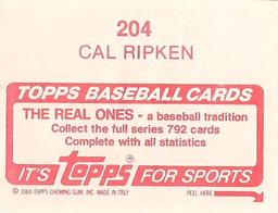 1984 Topps Stickers #204 Cal Ripken Back