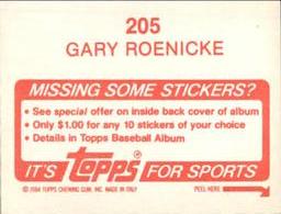 1984 Topps Stickers #205 Gary Roenicke Back