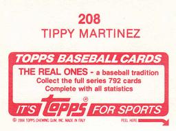 1984 Topps Stickers #208 Tippy Martinez Back