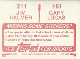1984 Topps Stickers #161 / 211 Gary Lucas / Jim Palmer Back