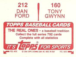 1984 Topps Stickers #160 / 212 Tony Gwynn / Dan Ford Back