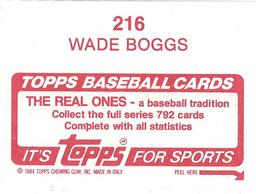 1984 Topps Stickers #216 Wade Boggs Back
