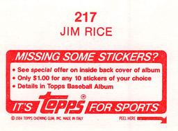 1984 Topps Stickers #217 Jim Rice Back