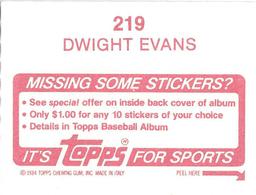 1984 Topps Stickers #219 Dwight Evans Back