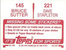1984 Topps Stickers #145 / 221 Dave Stapleton / Bruce Sutter Back