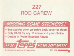 1984 Topps Stickers #227 Rod Carew Back