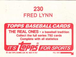 1984 Topps Stickers #230 Fred Lynn Back