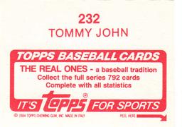 1984 Topps Stickers #232 Tommy John Back