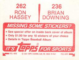 1984 Topps Stickers #236 / 262 Brian Downing / Ron Hassey Back
