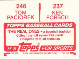 1984 Topps Stickers #237 / 246 Ken Forsch / Tom Paciorek Back