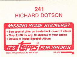 1984 Topps Stickers #241 Richard Dotson Back