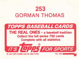 1984 Topps Stickers #253 Gorman Thomas Back