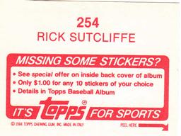 1984 Topps Stickers #254 Rick Sutcliffe Back