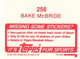 1984 Topps Stickers #256 Bake McBride Back