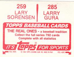 1984 Topps Stickers #259 / 285 Larry Gura / Lary Sorensen Back