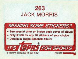1984 Topps Stickers #263 Jack Morris Back