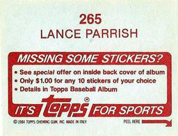 1984 Topps Stickers #265 Lance Parrish Back