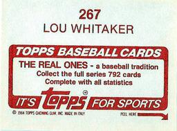 1984 Topps Stickers #267 Lou Whitaker Back