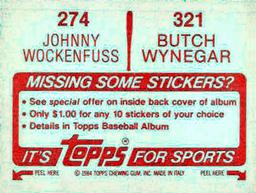 1984 Topps Stickers #274 / 321 Johnny Wockenfuss / Butch Wynegar Back
