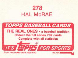 1984 Topps Stickers #278 Hal McRae Back