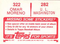 1984 Topps Stickers #282 / 322 U.L. Washington / Omar Moreno Back