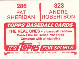 1984 Topps Stickers #286 / 323 Pat Sheridan / Andre Robertson Back