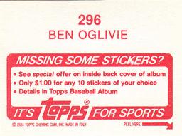 1984 Topps Stickers #296 Ben Oglivie Back
