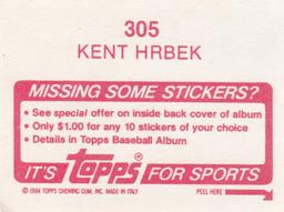 1984 Topps Stickers #305 Kent Hrbek Back