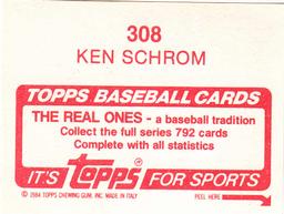 1984 Topps Stickers #308 Ken Schrom Back