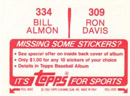 1984 Topps Stickers #309 / 334 Ron Davis / Bill Almon Back