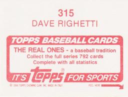 1984 Topps Stickers #315 Dave Righetti Back
