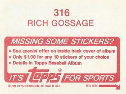 1984 Topps Stickers #316 Rich Gossage Back