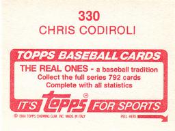 1984 Topps Stickers #330 Chris Codiroli Back