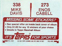 1984 Topps Stickers #273 / 338 Enos Cabell / Mike Davis Back