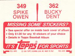1984 Topps Stickers #349 / 362 Spike Owen / Bucky Dent Back