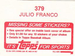 1984 Topps Stickers #379 Julio Franco Back