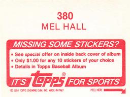 1984 Topps Stickers #380 Mel Hall Back