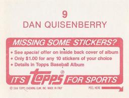 1984 Topps Stickers #9 Dan Quisenberry Back