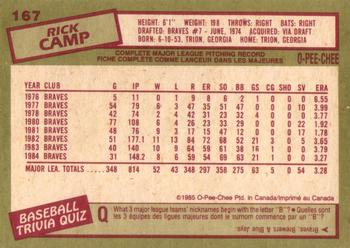 1985 O-Pee-Chee #167 Rick Camp Back