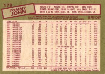 1985 O-Pee-Chee #179 Tommy John Back