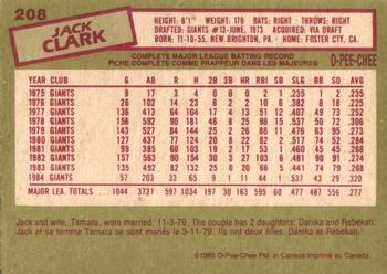 1985 O-Pee-Chee #208 Jack Clark Back