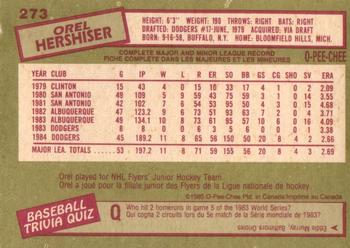 1985 O-Pee-Chee #273 Orel Hershiser Back