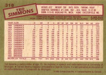 1985 O-Pee-Chee #318 Ted Simmons Back