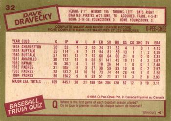 1985 O-Pee-Chee #32 Dave Dravecky Back