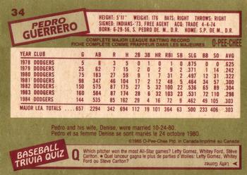 1985 O-Pee-Chee #34 Pedro Guerrero Back