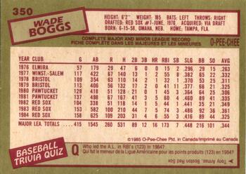 1985 O-Pee-Chee #350 Wade Boggs Back
