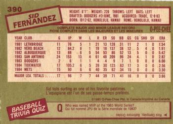 1985 O-Pee-Chee #390 Sid Fernandez Back