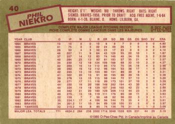 1985 O-Pee-Chee #40 Phil Niekro Back