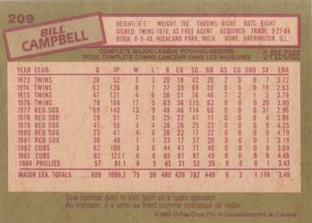 1985 O-Pee-Chee #209 Bill Campbell Back